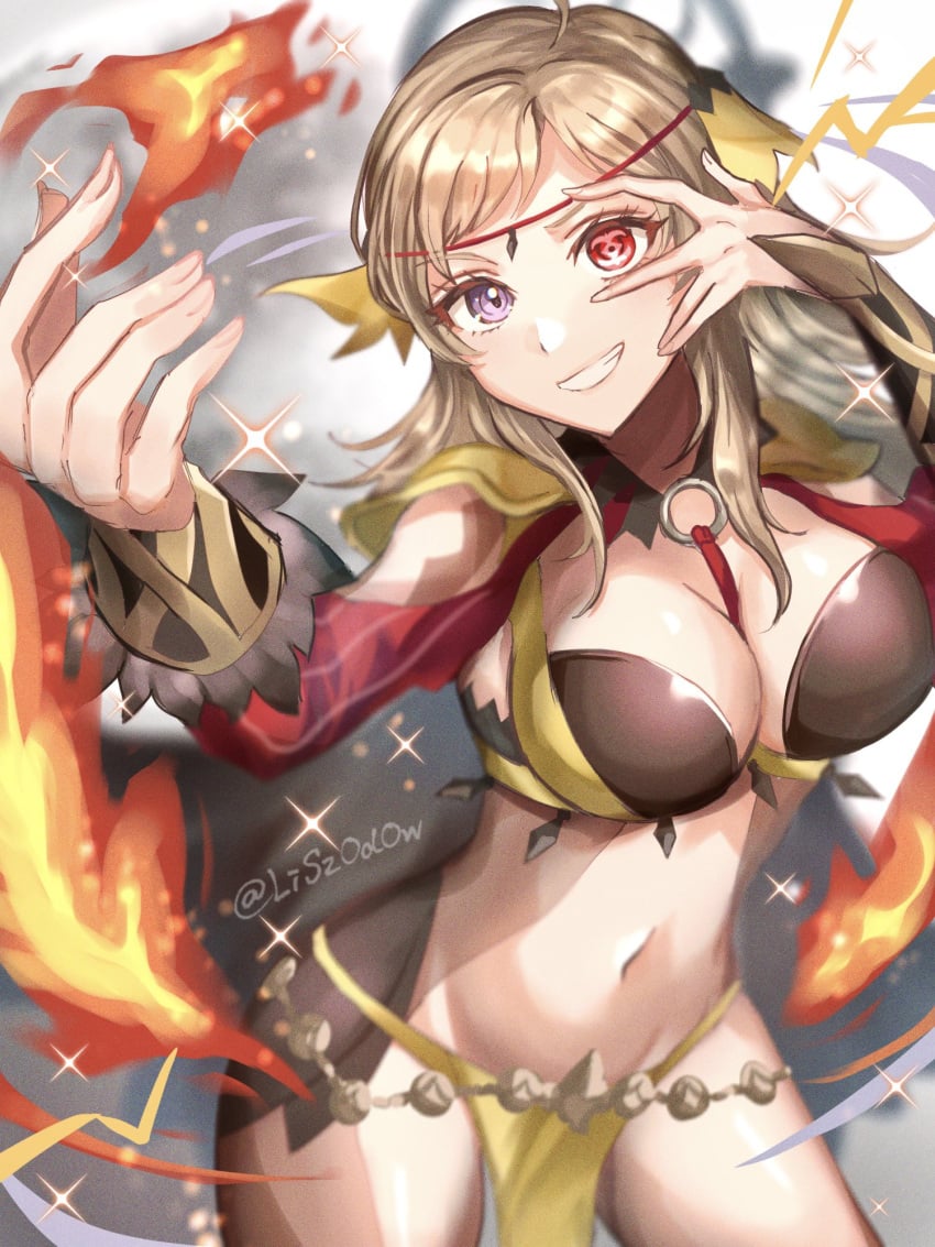 1girls blonde_hair blue_eyes breasts cleavage female female_only fire fire_emblem fire_emblem_fates fire_emblem_heroes grin hand_over_eye heterochromia highres large_breasts looking_at_viewer navel nintendo official_alternate_costume ophelia_(fire_emblem) ophelia_(starlit_maiden)_(fire_emblem) pelvic_curtain red_eyes smile solo teenager watermark youhei_choregi