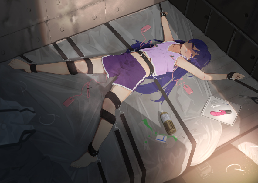 1girls 2020s 2022 absurdres ahe_gao alternate_version_available assault_lily bangs bare_arms bare_legs bare_shoulders barefoot bed blister_pack blue_hair bondage bottle bound bound_ankles bound_legs bound_to_bed bound_torso bound_wrists cable_tie clenched_hands clenched_teeth clothes_lift collarbone commentary_request commission cuffs dildo dolphin_shorts dyed_hair egg_vibrator female female_only fingernails flat_chest from_above full_body hair_between_eyes hair_spread_out half-closed_eyes head_tilt helpless highres in_bed indoors itou_shizu_(assault_lily) light-skinned_female light_particles light_skin long_hair looking_at_viewer looking_up lying manga midriff navel on_back on_bed parted_lips pill pixiv_commission po-i-mu purple_eyes purple_hair purple_shorts purple_tank_top remote_control_vibrator restrained rope_marks scissors sex_toy sex_toys shade shirt_lift shorts side_slit side_slit_shorts solo solo_female spread_arms spread_eagle spread_legs stained_clothes stained_sheets stomach sunlight syringe tank_top tape teenage_girl teenager teeth tied_down tied_to_bed toenails tomboy tray two_tone_bottomwear two_tone_bottomwear_(purpleandwhite) two_tone_topwear two_tone_topwear_(pinkandwhite) very_long_hair vibrator vibrator_on_nipple vibrator_over_clothes vibrator_under_clothes water_bottle