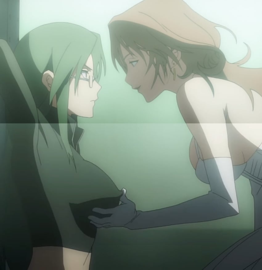 2girls angry arms_behind_head asougi_rin big_breasts bodysuit breast_grab breasts brown_hair busty cleavage covered_erect_nipples dress female female_only grabbing green_eyes green_hair hi_res large_breasts leaning_forward long_hair looking_at_another makeup mature_female midriff mnemosyne multiple_girls screencap screenshot sideboob smile stitched third-party_edit tied_up yamnobe_sayara yuri