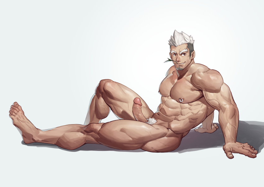 1boy abs barefoot biceps bodybuilder erection full_body gay large_pectorals male_pubic_hair muscles muscular muscular_male nipple_piercing nipples nude nude_male pectorals penis selkiro short_hair smiling white_background white_hair