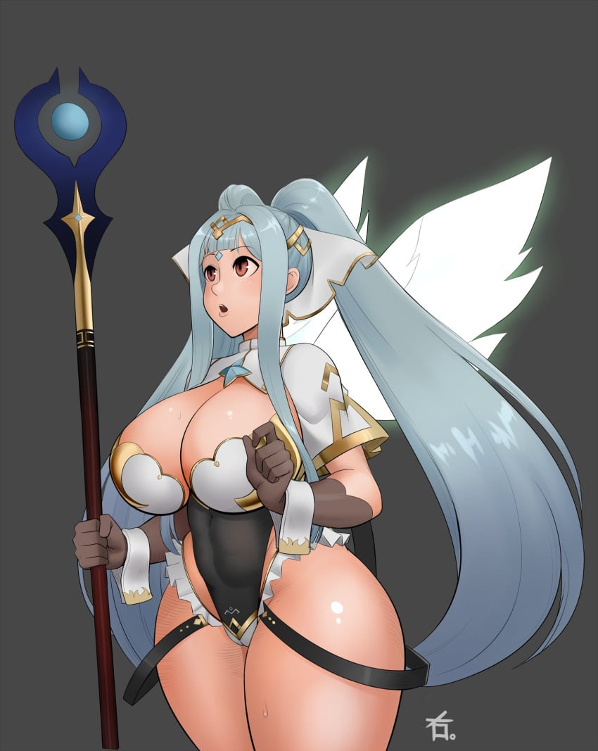 bikini_armor cleavage color curvy epic7 female green_hair healer huge_breasts long_hair looking_at_viewer migi_studios_(artist) red_eyes roana_(epic7) skimpy_clothes staff thick_thighs thong video_game_character