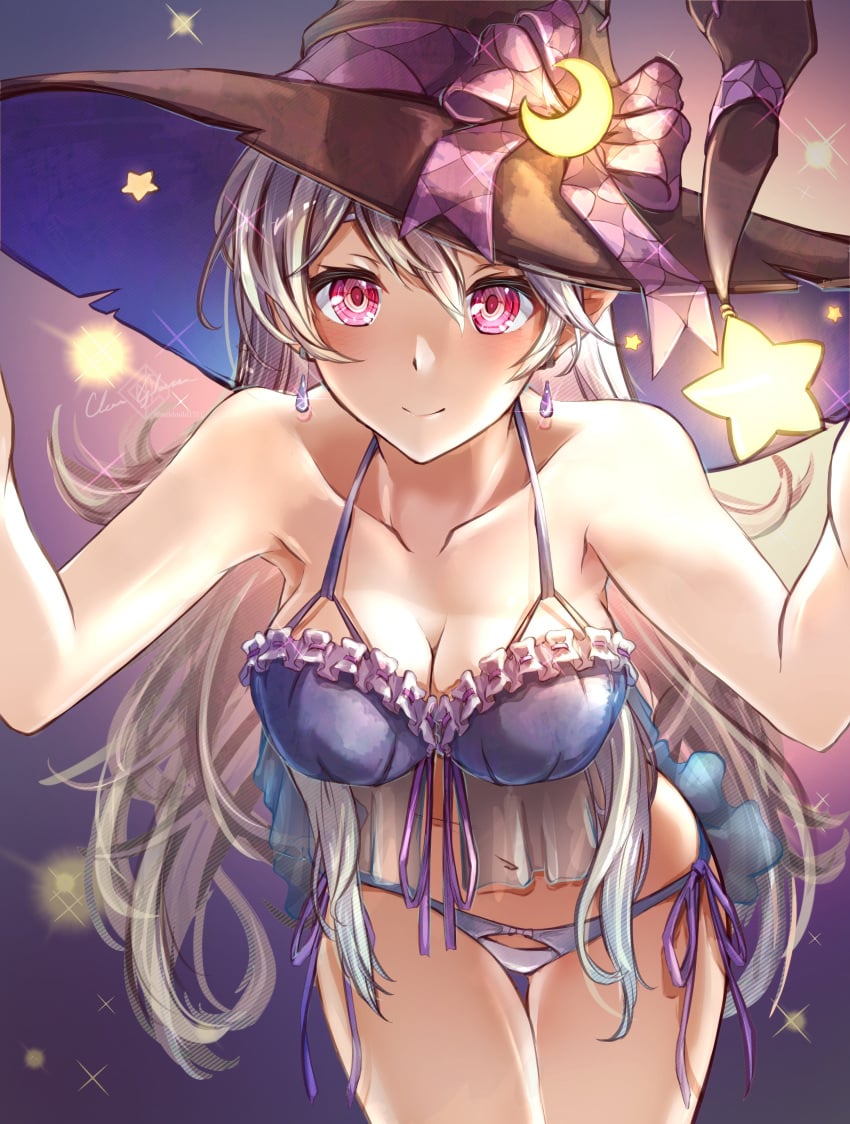 1girls absurdres alternate_costume blush bra breasts clear_glass_(mildmild1311) cleavage corrin_(female)_(fire_emblem) corrin_(female)_(halloween)_(fire_emblem) corrin_(fire_emblem) female female_only fire_emblem fire_emblem_fates fire_emblem_heroes hair_between_eyes hair_ornament hairband halloween halloween_costume hat highres large_breasts long_hair looking_at_viewer nintendo panties pointy_ears red_eyes simple_background smile solo underwear white_hair white_panties witch witch_hat