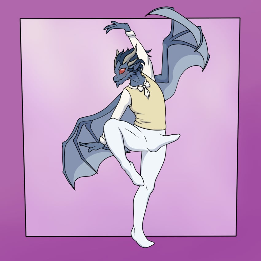 akell anthro ballet blush bulge clothed clothing dragon erection erection_under_clothing genital_outline hi_res male membrane_(anatomy) membranous_wings penis_outline red_eyes scalie solo western_dragon wings