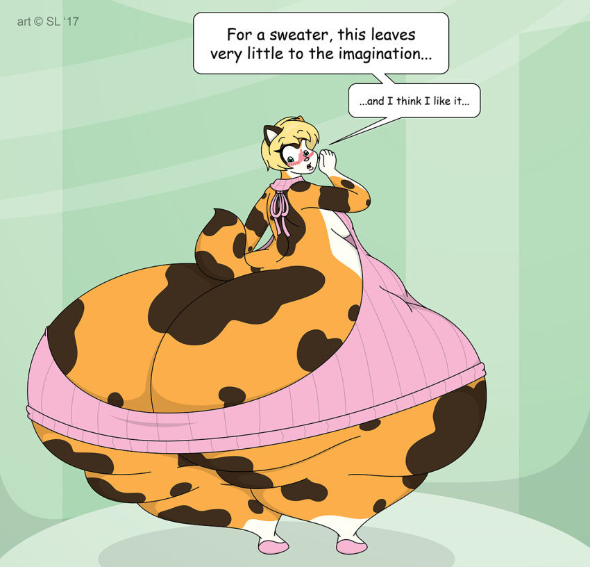 © 2017 anthro ass ass_bigger_than_body ass_bigger_than_head ass_bigger_than_torso ass_cleavage belly big_butt blonde_hair blush breasts butt_crack calico_cat clothing digital_media_(artwork) domestic_cat english_text enormous_ass enormous_butt enormous_thighs fat_ass fat_butt felid feline felis female footwear fur gigantic_ass gigantic_butt gigantic_thighs green_eyes hair haleigh_(satsumalord) hi_res huge_butt huge_thighs hyper hyper_butt hyper_thighs iceberg_body_shape mammal meme meme_clothing mottled mottled_body open_mouth overweight overweight_anthro overweight_female piebald piebald_body rear_view satsumalord shoes solo speech_bubble spots spotted_body spotted_fur sweater symbol text thick_thighs topwear virgin_killer_sweater white_body white_fur