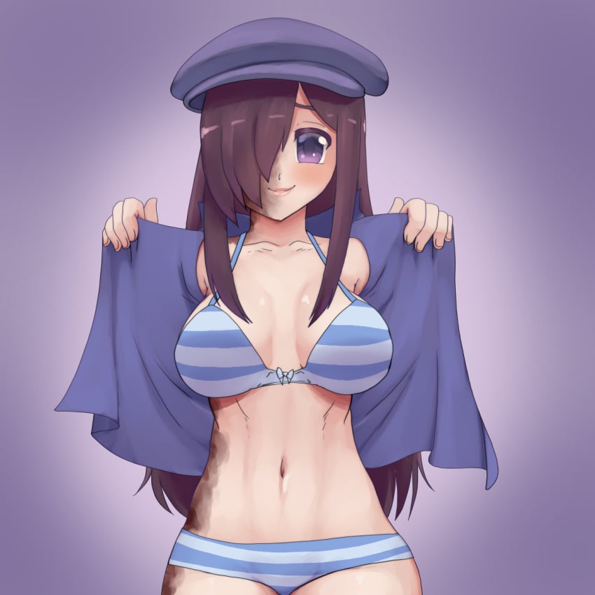 1girls belly_button blush blushing_at_viewer bra burn_scar hat ikezawa_hanako katawa_shoujo long_hair looking_at_viewer navel open_clothes panties purple_eyes purple_hair req reqqles scar simple_background smile smiling smiling_at_viewer stomach striped_bra striped_panties