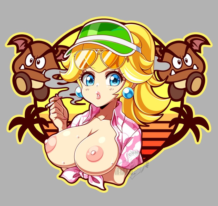 1girls arm_under_breasts big_breasts blonde_hair blue_eyes breast_hold breasts breasts_out busty cigarette female front-tie_top goomba highres iryanic large_breasts lipstick makeup mario_(series) nintendo nipples parted_lips pink_lips ponytail princess princess_peach smoking sunglasses_on_head