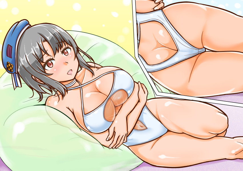 1girls absurdres ass ass_cleavage azur_lane beret black_hair blue_headwear breasts butt_crack casual_one-piece_swimsuit cosplay cowboy_shot criss-cross_halter female halterneck hat highres inset kantai_collection large_breasts light-skinned_female light_skin looking_at_viewer lying mikan_ame_q multiple_views name_connection on_side one-piece_swimsuit pillow red_eyes short_hair swimsuit takao_(azur_lane)_(cosplay) takao_(beach_rhapsody)_(azur_lane) takao_(kantai_collection) white_one-piece_swimsuit