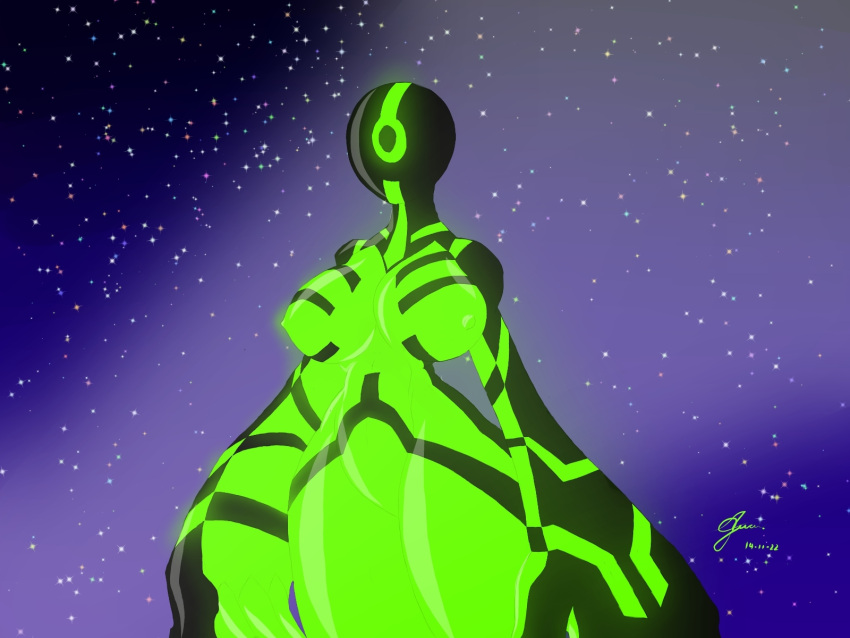 1_eye 1girls alien alien_girl anthro ben_10 big_breasts black_body breasts busty female female_only galvanic_mechamorph green_body green_nipples green_skin jagua098 nipples smooth_skin solo solo_female thick_thighs