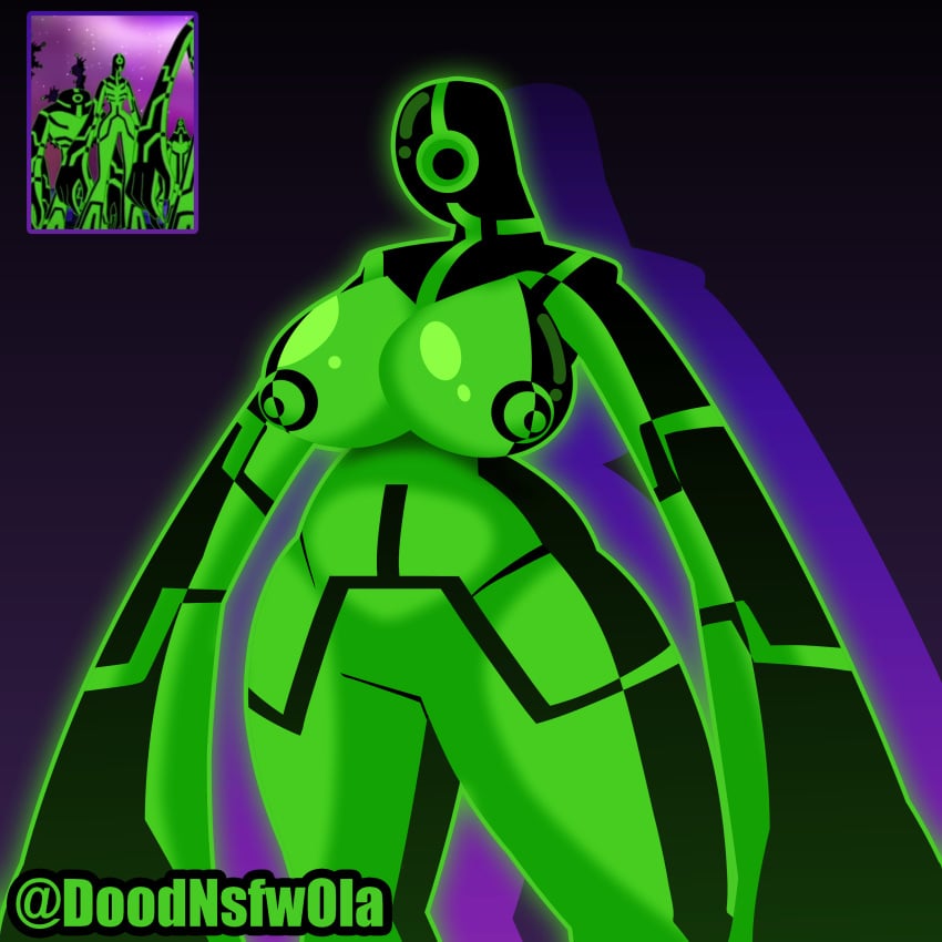 1_eye 1girls alien alien_girl anthro ben_10 big_breasts black_body black_nipples breasts busty doodmaster female female_only galvanic_mechamorph green_body green_nipples green_skin nipples smooth_skin solo solo_female thick_thighs