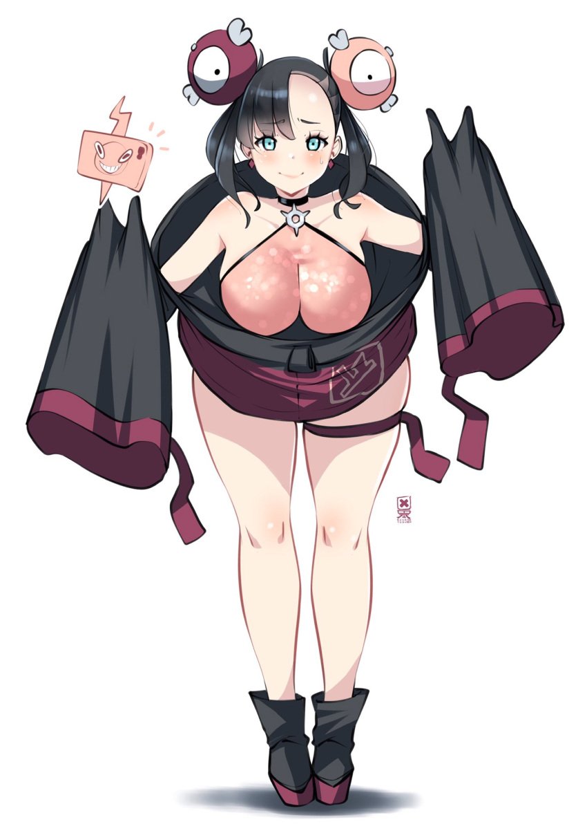 1girls aged_up aqua_eyes black_hair blush boots breasts female gym_leader gym_leader_(cosplay) horny iono_(pokemon)_(cosplay) kenron_toqueen large_breasts leaning_forward light-skinned_female light_skin long_sleeves marnie_(pokemon) nintendo outfit_swap peace_sign pokemon pokemon_ss pokemon_sv rotom_phone short_hair skindentation slutty_outfit thick_thighs twintails