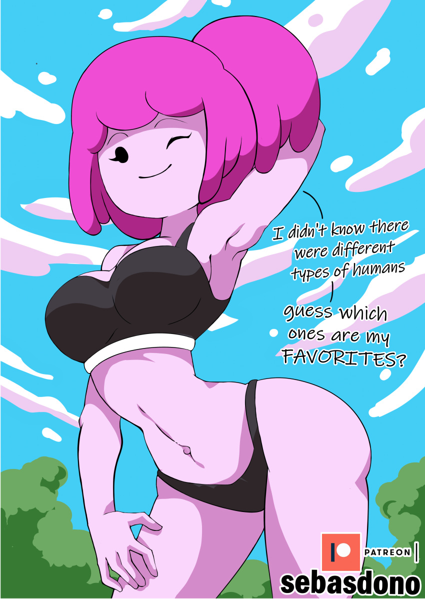 1girls adventure_time armpits arms_up curvaceous curvy english_text female looking_at_viewer mob_face monotone_eyes navel navel_line no_nose pink_body princess_bubblegum sebasdono solo text thin_eyebrows third-party_edit wink