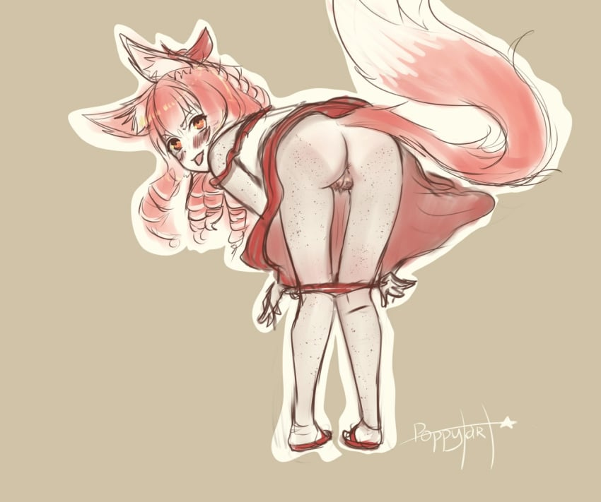 1girls anus bent_over blush brat brown_eyes dress drill_hair female female_only female_pubic_hair fox_ears fox_girl fox_tail freckles from_behind looking_at_viewer looking_back original original_character panties panties_around_leg panties_down panty_pull petite poppytart pubic_hair puffy_pussy pussy red_hair ribbon sketch solo tanline teasing tira_(poppytart) tongue_out