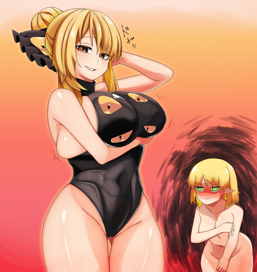 2girls big_breasts blonde_hair breasts brown_eyes female green_eyes hair_bun hairbow huge_breasts jealous large_breasts leotard looking_at_viewer mizuhashi_parsee monster_girl no_humans nude nude_female rinyamame short_hair spider team_shanghai_alice touhou yamame_kurodani youkai