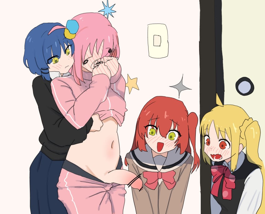 1futa 3girls ahoge bar_censor blonde_hair blue_hair blue_skirt blush bocchi_the_rock! bow bowtie breasts censored closed_mouth clothed clothes_pull clothing embarrassed female foreskin fully_clothed futa_with_female futanari gotou_hitori green_eyes hair_between_eyes hair_ornament human ijichi_nijika intact jacket jacket_lift kita_ikuyo lifted_by_another light-skinned_female light-skinned_futanari light_skin long_foreskin long_hair long_sleeves lower_teeth minomushi4649 mostly_clothed multiple_girls navel noseless one_side_up open_mouth pants pants_pull penis penis_awe pink_hair pink_jacket pink_pants red_bow red_bowtie red_eyes red_hair semi-erect shaved_crotch shirt short_hair skirt smooth_penis standing teeth textless_version toony uncut unretracted_foreskin white_shirt yamada_ryou yellow_eyes