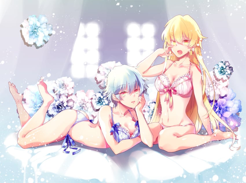 2girls alternate_costume barefoot blonde_hair bra breasts canon_genderswap carnival_phantasm cleavage crossover earring fate/extra_ccc fate/grand_order fate/hollow_ataraxia fate/stay_night fate/zero fate_(series) feet_up female female_only frilled_bra full_body genderswap_(mtf) gilgamesh gilgamesh-ko gilgamesh_(fate) ginko_sakata gintama gintoki_sakata lingerie long_hair looking_at_viewer oerba_yun_fang on_stomach open_mouth panties pink_bra pink_panties ribbons rule_63 short_hair side-tie_panties silver_hair sitting slit_pupils snow the_pose type-moon very_long_hair very_short_hair wariza white_bra white_hair white_panties wingtemple yellow_eyes