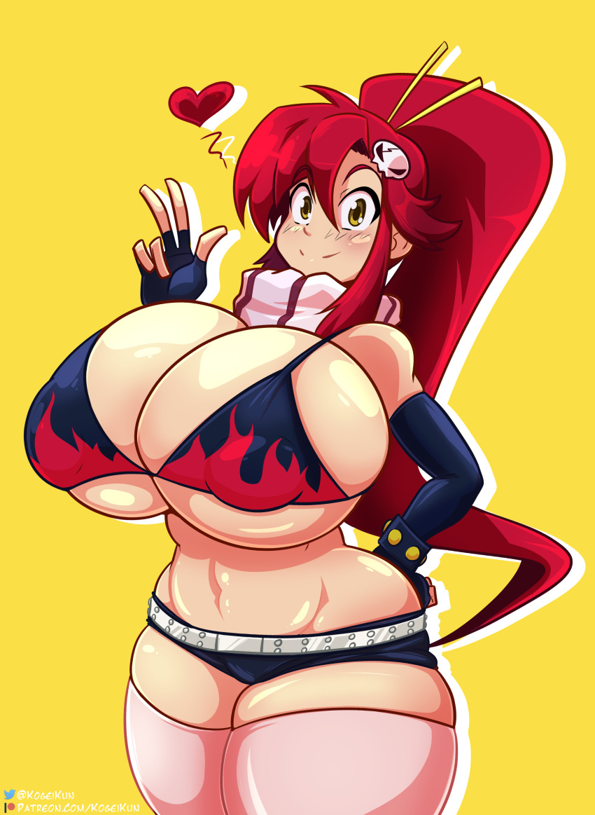 1girls big_breasts bikini_top booty_shorts bra bursting_breasts elbow_gloves female female_only gloves hourglass_figure huge_breasts kogeikun long_hair nipple_bulge no_source puffy_nipples red_hair scarf solo stockings tengen_toppa_gurren_lagann thick_thighs thighhighs wide_hips yoko_littner