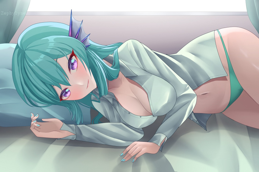 1girls bed belly_button big_breasts cleavage finana_ryugu fish_girl green_hair head_fins laying_on_bed laying_on_side light-skinned_female light_skin looking_at_viewer midriff navel nijisanji nijisanji_en no_pants panties pillow purple_eyes solo solo_female solo_focus virtual_youtuber zerorespect_bot