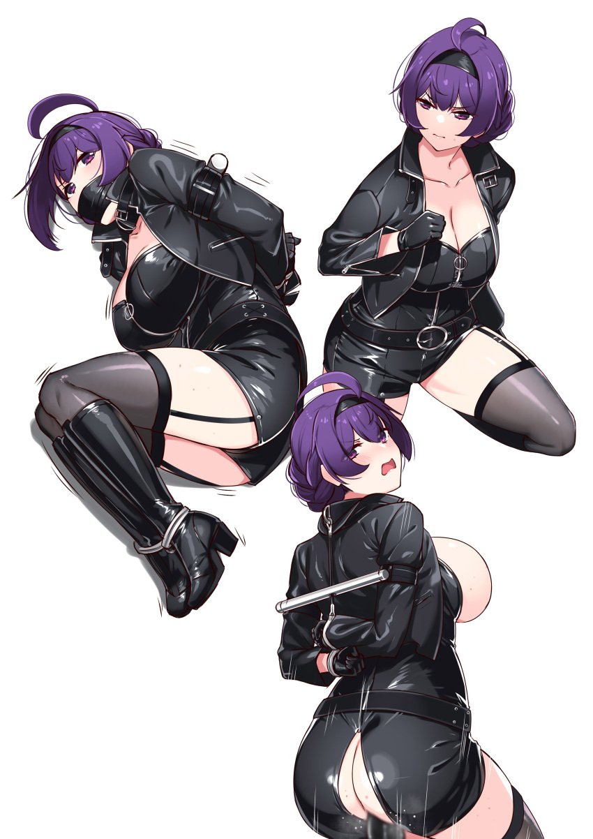 boots breasts cleavage cosplay dildo female garter_straps hie_(hiememiko) hiememiko idolmaster large_breasts purple_eyes purple_hair sakuramori_kaori solo solo_focus tied_up