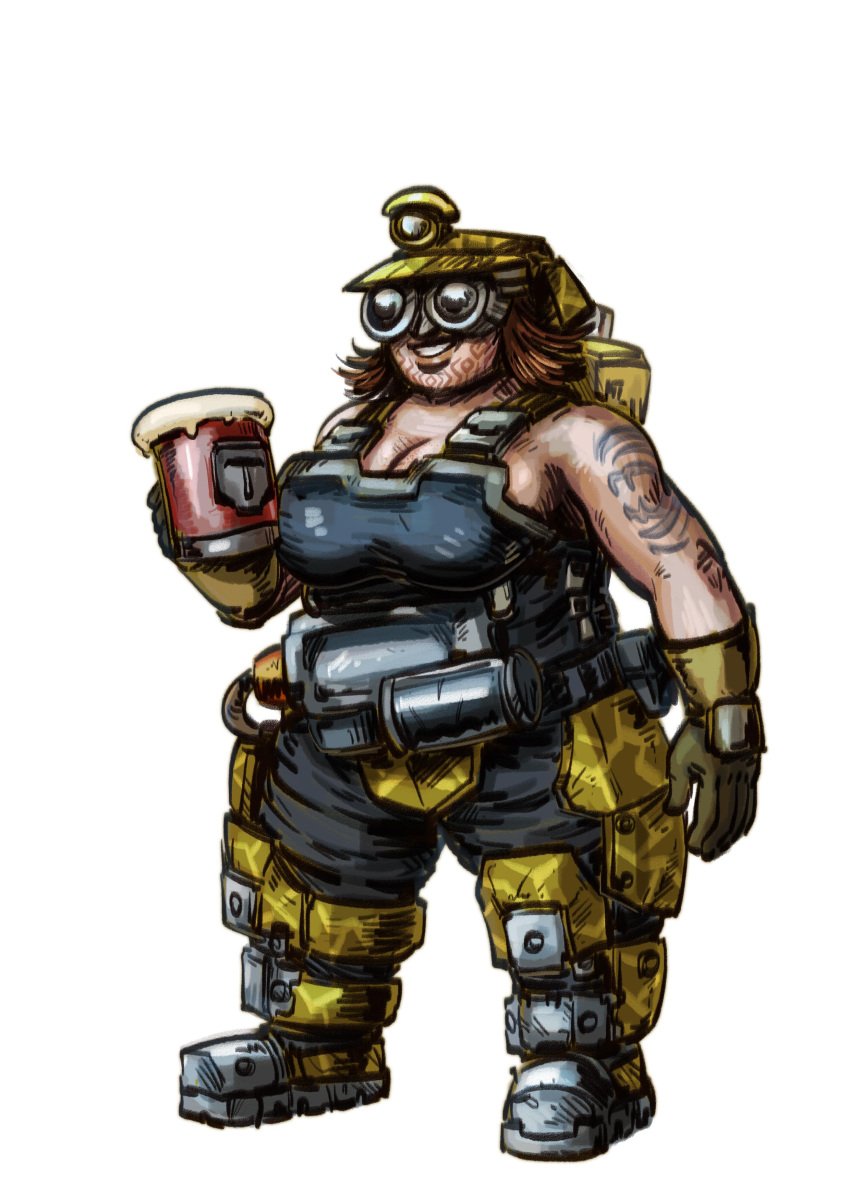 1girls alcohol alcoholic_beverage alcoholic_drink alien_girl beer_mug breasts cleavage clothed deep_rock_galactic driller_(deep_rock_galactic) dwarf dwarf_female face_tattoo goggles hardhat joe_duncan large_breasts overalls shortstack solo tattoo tattooed_arm