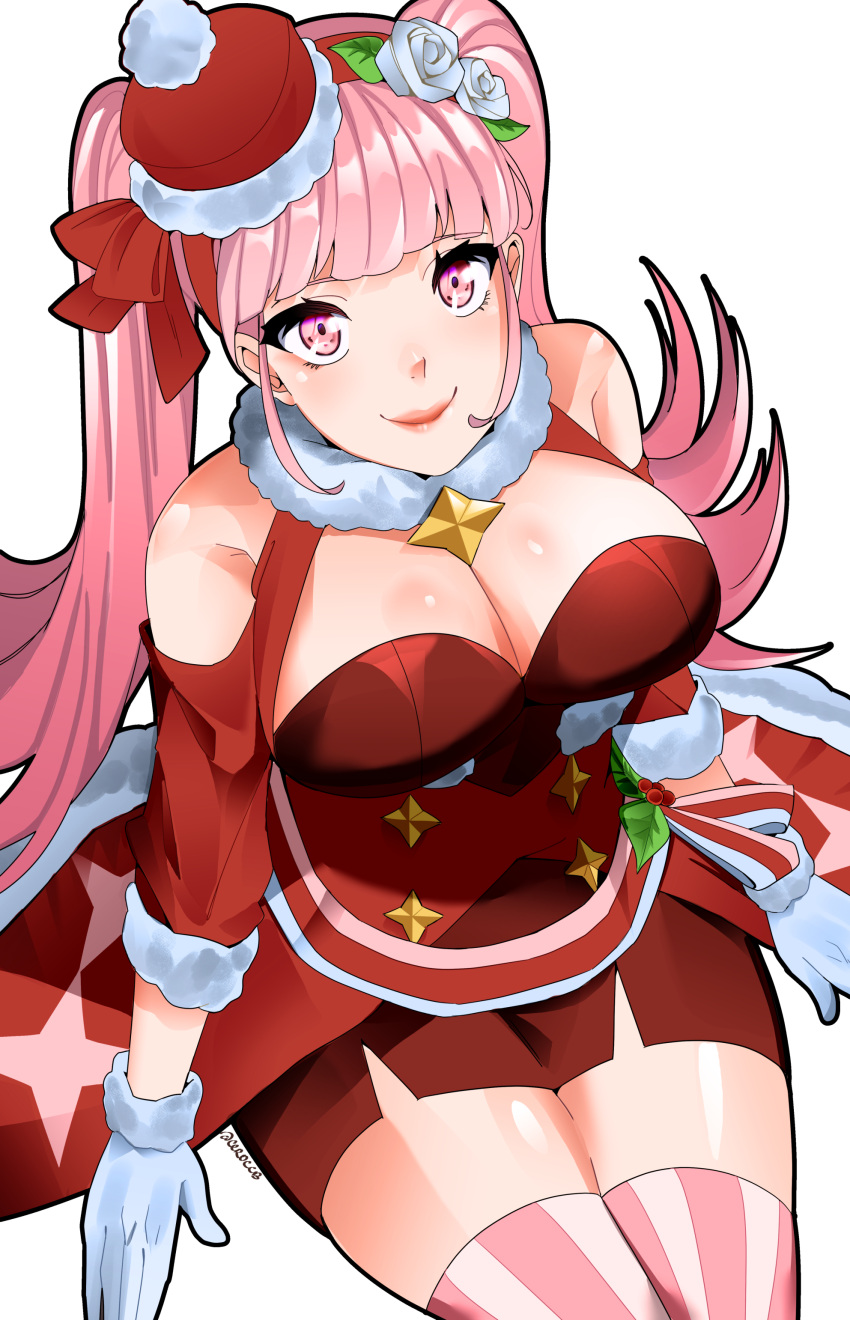 1girls absurdres alternate_costume bare_shoulders bare_thighs blunt_bangs breasts ceroccb christmas cleavage dress female female_only fire_emblem fire_emblem:_three_houses fire_emblem_heroes from_above fur-trimmed_gloves fur_choker fur_trim gloves highres hilda_valentine_goneril hilda_valentine_goneril_(winter) large_breasts light-skinned_female light_skin long_hair looking_at_viewer nintendo official_alternate_costume pink_eyes pink_hair pink_lips red_dress sitting smile solo striped striped_thighhighs thick_thighs thighhighs thighs twintails vertical-striped_thighhighs vertical_stripes white_gloves