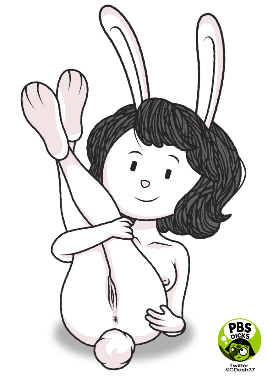 anthro anus ass black_eyes black_hair breasts c.dash37 cotton_tail dot_(pbs_kids) elinor_wonders_why female fur genitals hair hi_res lagomorph leporid looking_at_viewer mammal mipples parody pbs_kids_(copyright) pussy rabbit ranger_rabbit simple_background smile white_background white_body white_fur