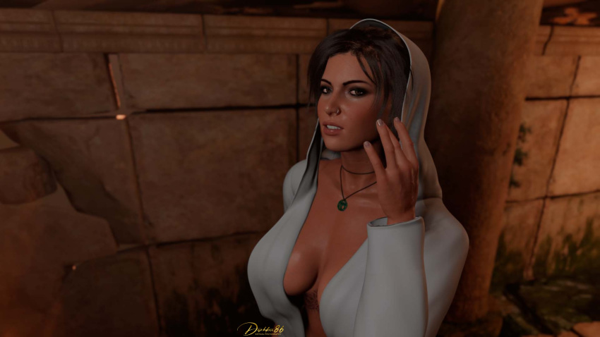 1girls 3d big_breasts breasts brown_eyes brown_hair busty cleavage darkdexx86 desdraw female female_focus female_only hood hooded_cloak lara_croft lara_croft_(survivor) long_hair makeup necklace tagme tan_fur tomb_raider tomb_raider_(survivor)