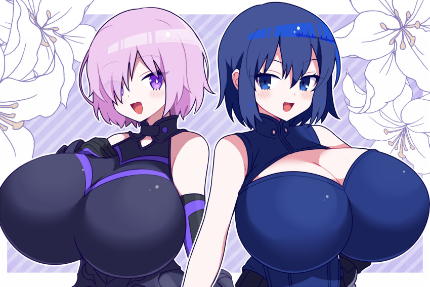 2girls alternate_breast_size big_breasts blue_eyes blue_hair blush bodysuit ciel ciel_(tsukihime) cleavage cleavage_cutout dadadanoda enormous_breasts fate/grand_order fate_(series) female female_only glasses_removed gloves hair_over_one_eye huge_breasts light_purple_hair mash_kyrielight open_mouth powered_ciel purple_eyes purple_hair short_hair skin_tight sleeveless smile tight_clothing tsukihime tsukihime_(remake) type-moon upper_body