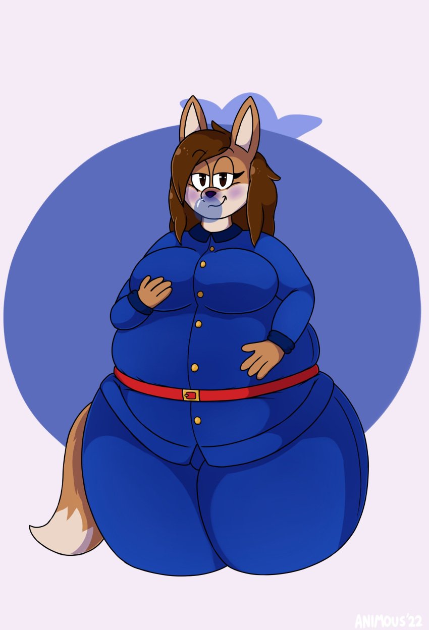 2022 anthro belt big_breasts blueberry_inflation blush breasts brown_hair cinched dated female furry hastagaspacho inflation sequence simple_background solo tail