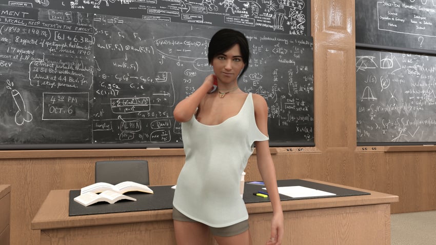 3dx black_hair blackboard breasts cgi chalkboard classroom coffee college college_student cute desk flirting flirting_with_viewer green_eyes gym_shorts indecent_exposure lecture_hall loose_shirt nipple_slip sakirah sakirah_rodaun seductive_smile solo_female standing thin_clothing university white_shirt