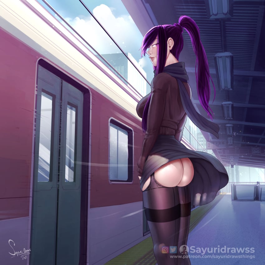 ass ass_focus big_ass detailed detailed_background garter_belt looking_at_viewer looking_back no_panties original ponytail public_nudity purple_hair sayuri_(sayuridrawsthings) sayuridrawsthings scarf self_upload showing_off skirt_lift smirk stockings teasing tight_clothing tight_fit train_station unintentional waiting wind_lift