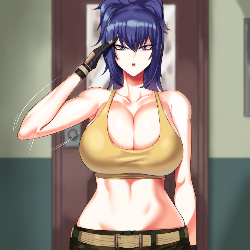 1girls alternate_breast_size bare_arms belly_button belt big_breasts blue_eyes blue_hair boots breasts camouflage_pants cleavage edit edited female gloves huge_breasts king_of_fighters king_of_fighters_xiv king_of_fighters_xv large_breasts leona_heidern midriff ponytail rad_racer salute snk solo tank_top wide_hips yellow_tank_top