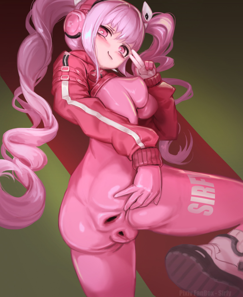 1girls alice_(nikke) anal_cameltoe anus anus_visible_through_clothes bodysuit cameltoe female goddess_of_victory:_nikke pink_bodysuit sirfy tagme vagina vagina_visible_through_clothing