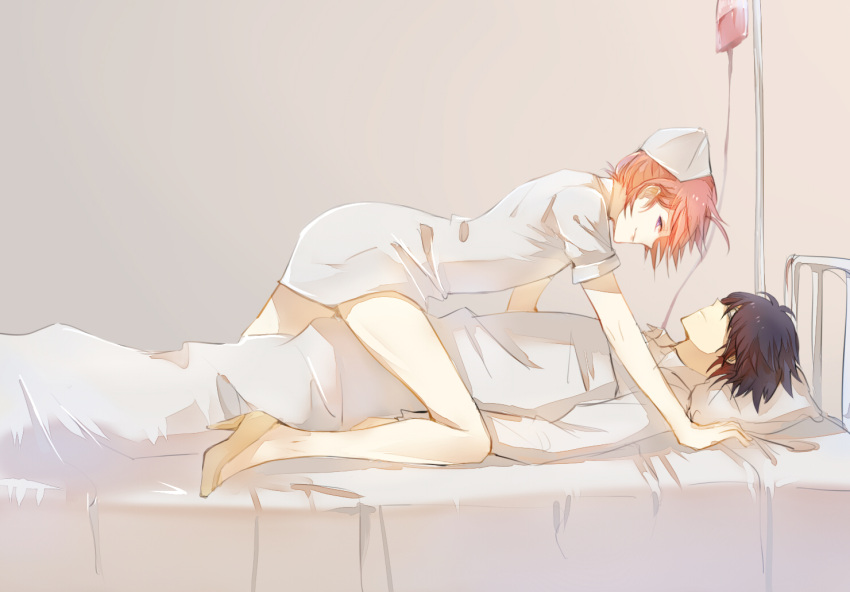 2boys all_fours alternate_costume black_hair crossdressing femboy fully_clothed gay gintama high_heels hospital hospital_bed imminent_sex iv josou_seme kamui_(gintama) male male_only nurse nurse_cap nurse_uniform on_back on_bed orange_hair profile smile takasugi_shinsuke yaoi