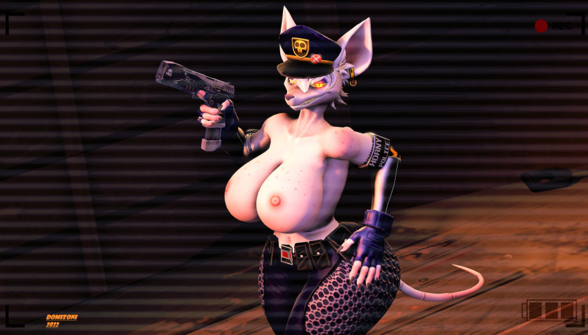 3d_(artwork) anthro breasts clothed clothing digital_media_(artwork) domizoni ear_piercing female fingerless_gloves gloves glowing glowing_eyes gun handgun handwear hat headgear headwear horny_police looking_at_viewer mammal murid murine nipples officer_flint_(foretbwat) piercing pistol ranged_weapon rat rodent smile solo source_filmmaker thick_thighs topless weapon