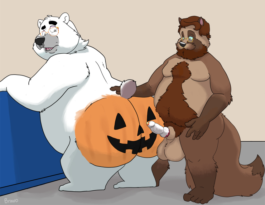 2022 anthro ass balls belly big_belly big_butt black_body bravo brown_body brown_fur canid canine duo erection eyewear fur genitals glasses halloween hi_res holidays male male/male mammal mature_male overweight overweight_male penis polar_bear raccoon_dog tanuki ursid ursine