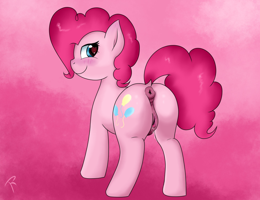 animal_pussy anus cutie_mark earth_pony female feral fur hasbro heart_eyes horse looking_at_viewer looking_back mammal mlp_g4 my_little_pony my_little_pony_friendship_is_magic pinkie_pie_(mlp) pony puffy_anus quadruped reinbou self_upload simple_background