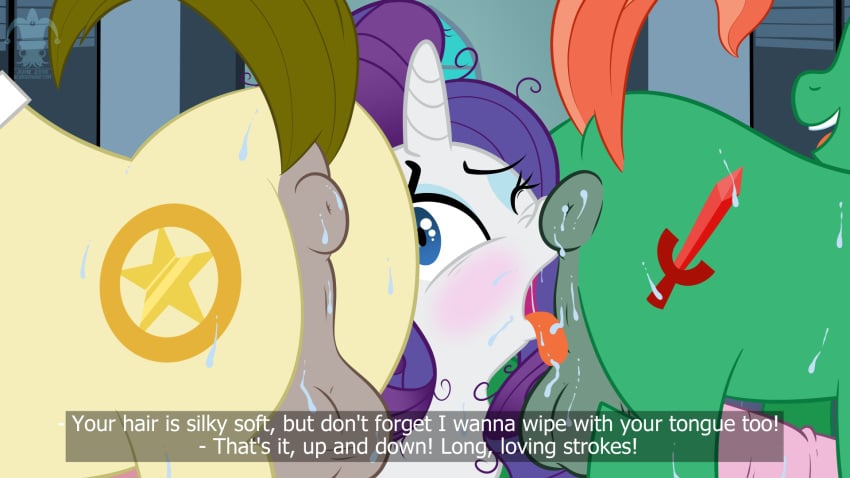 2018 accurate_art_style anal anus ass balls blargsnarf blush bodily_fluids canon_x_oc cutie_mark deputy_star_(oc) dialogue digital_media_(artwork) dock english_text equid equine female female_rimming_male feral friendship_is_magic genitals green_body group hair hasbro hi_res horse male male/female mammal messy_hair mmf my_little_pony on_model one_eye_closed open_mouth oral penis perineum_lick pony presenting presenting_anus puffy_anus purple_hair rarity_(mlp) rimming ruby_sword_(oc) sex smile sweat sweaty_anus sweaty_balls sweaty_genitalia tan_body text tongue tongue_out trio white_body