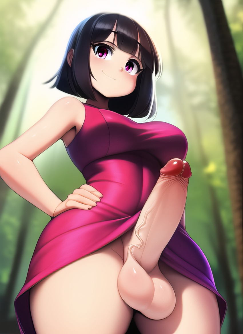 1futa ai_generated balls bangs big_breasts big_penis black_hair bottomless breasts clothed clothing dress erection futa_only futanari hands_on_hips human large_breasts large_penis light-skinned_futanari light_skin looking_at_viewer looking_down low-angle_view mostly_clothed nai_diffusion no_panties original penis purple_eyes short_hair skirt skirt_lift smile solo stable_diffusion standing thick_thighs vein veins whyhisname