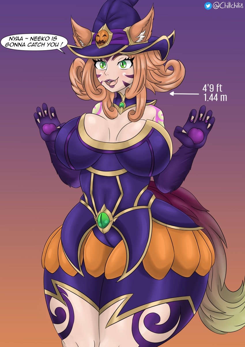 1girls bewitching_neeko big_breasts cat_ears cat_tail catgirl chillchili facial_mark haloween hips humanoid large_hips league_of_legends legs lipstick neeko riot_games simple_background tales_from_the_rift_series thick thick_legs thick_thighs witch_hat