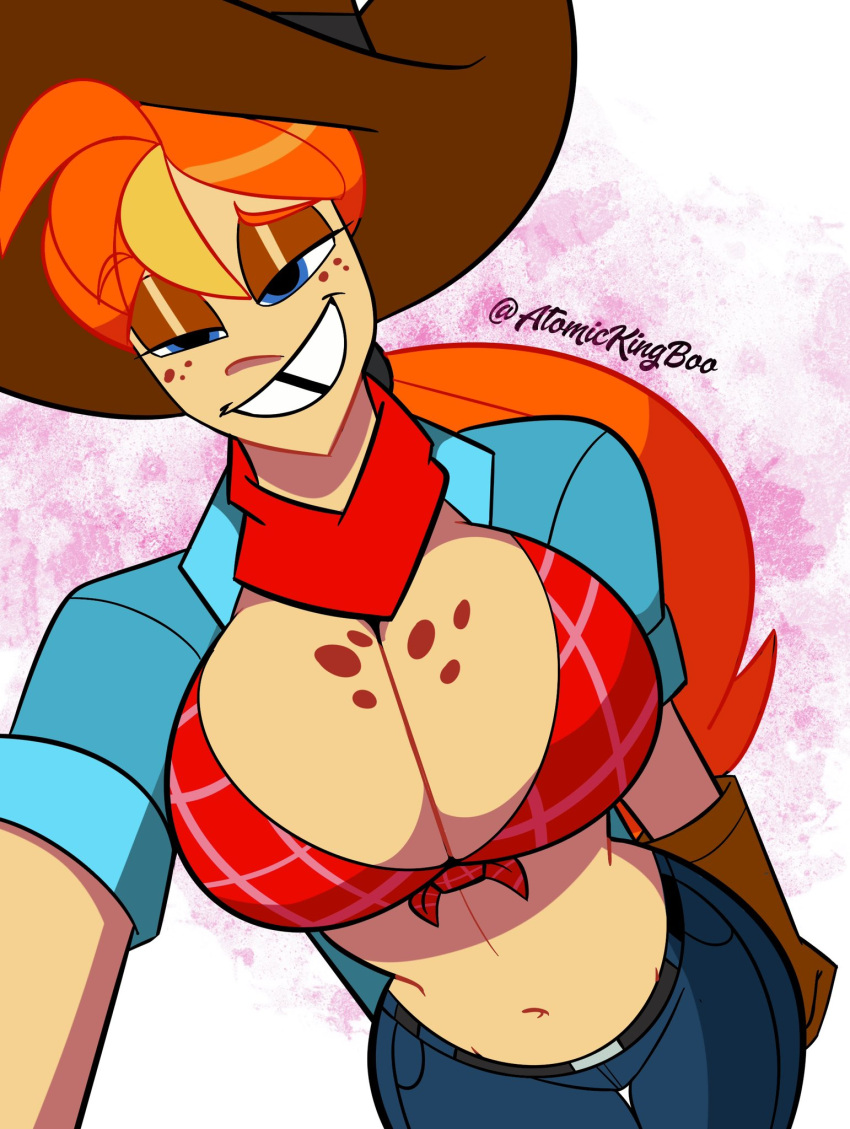 1girls atomickingboo blue_eyes breasts bust busty cowgirl cowgirl_(western) cowgirl_outfit digital_media_(artwork) female freckles hat hips huge_breasts large_breasts legs light-skinned_female light_skin lips long_hair looking_at_viewer orange_hair original original_character red_hair rudy_roundup thick thighs tooth_gap top_heavy upper_body voluptuous western wide_hips wild_west