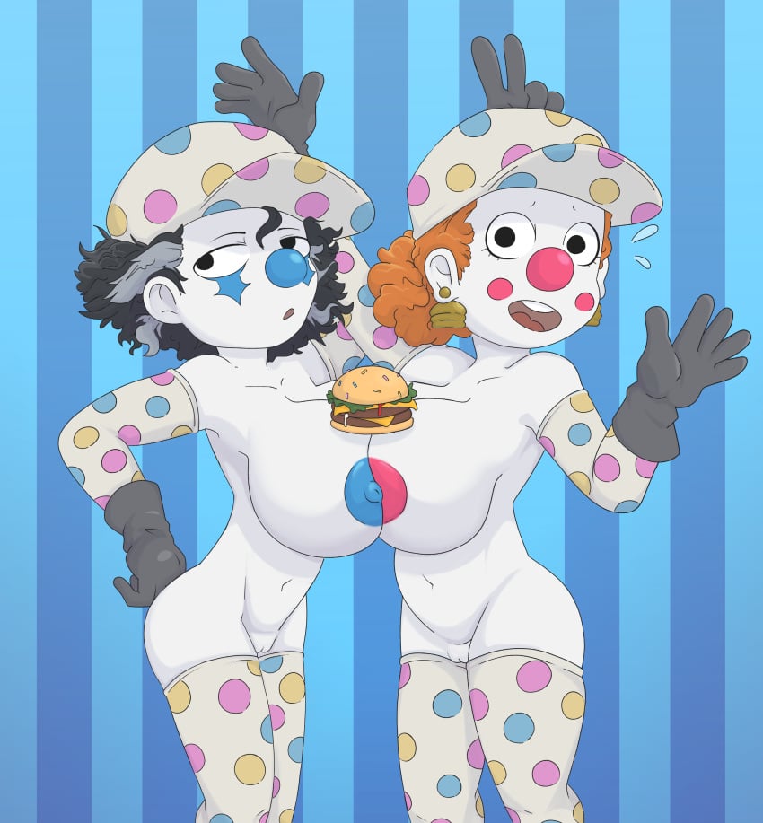 absurd_res big_breasts bigtop_burger billie_(bigtop_burger) bodypaint boob_burger breast_squish breasts burger clown clown_nose duo face_paint female female/female food gesture hi_res human mammal not_furry painted_nipples penny_(bigtop_burger) polka_dots razbunny squish stripes v_sign your_order_is_ready_(meme)