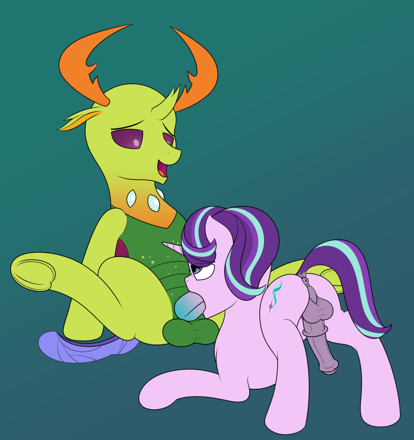 2022 absurd_res animal_genitalia animal_penis anus arthropod ass ass_up balls changeling cutie_mark darkened_genitalia digital_media_(artwork) duo equid equine equine_penis fellatio feral friendship_is_magic ftm_crossgender fur genderswap_(ftm) genitals gradient_background green_background green_balls green_body hair hasbro hi_res horn horse lying male male/male male_penetrated male_penetrating male_penetrating_male mammal medial_ring my_little_pony on_front open_mouth open_smile oral oral_penetration penetration penile penis penis_in_mouth pink_balls pink_body pink_fur pink_penis pony purple_eyes purple_hair purple_sclera purple_tail reformed_changeling registereduser rule_63 sex simple_background sitting smile starlight_glimmer_(mlp) stellar_gleam_(mlp) thorax_(mlp) unicorn