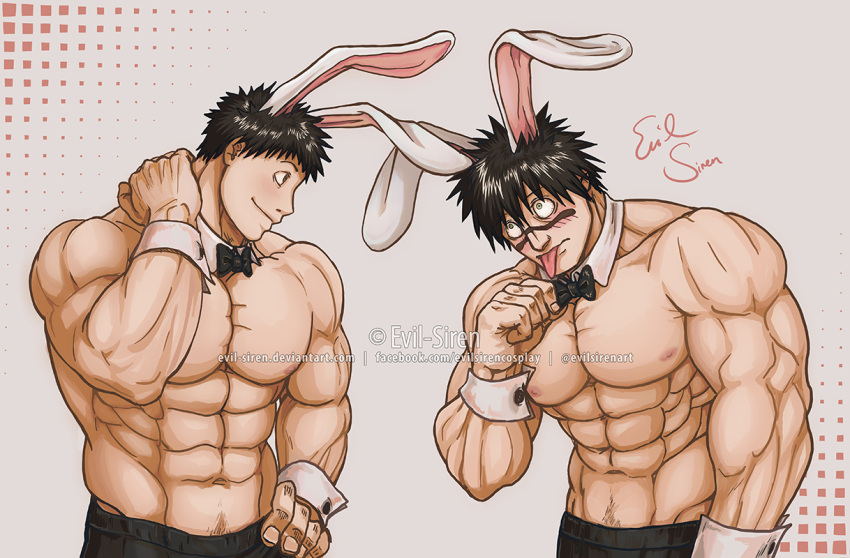 2boys abs bara black_hair blush bowtie bunny_boy bunny_ears clone crazy_eyes detached_collar evilsirenart facial_tattoo hand_on_hip happy_trail hayami_masaki kengan_(series) kengan_ashura kengan_omega looking_at_another male male_only male_pubic_hair meguro_masaki muscular muscular_male pubic_hair_peek smile spiky_hair tongue_out topless topless_male wrist_cuffs