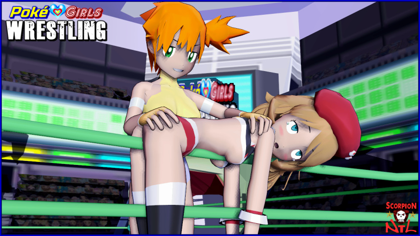 2girls bikini blush catfight embarrassing female female_only fun game_freak humiliating kasumi_(pokemon) laughing low_blow misty_(pokemon) multiple_girls nintendo poke_girl_wrestling pokemon ring serena_(pokemon) swimsuit_suit wrestling yuri