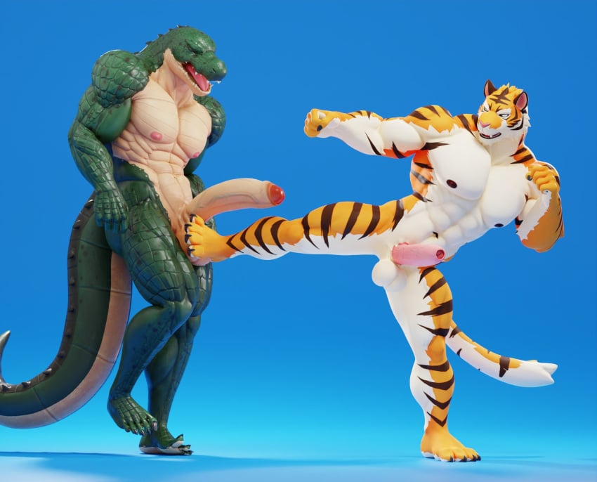 2boys 3d_(artwork) abs anthro ballbusting balls big_penis cbt claws closed_eyes cock_and_ball_torture connivingrat crocodilian duo erection felid foreskin genital_torture genitals green_body green_scales helm_(connivingrat) hi_res kicking_balls male male/male male_only mammal muscular muscular_male nipples nude open_mouth pain pantherine pecs penis reptile scales scalie striped_body stripes teeth tiger torture