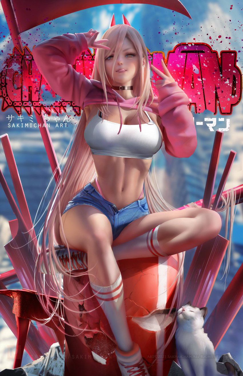 1girls big_breasts blonde_hair booty_shorts breasts chainsaw_man choker crop_top demon demon_girl feline female high_socks horns jean_shorts long_hair meowy_(chainsaw_man) peace_sign power_(chainsaw_man) sakimichan short_shorts shorts smile tongue tongue_out top_lift weapon yellow_eyes