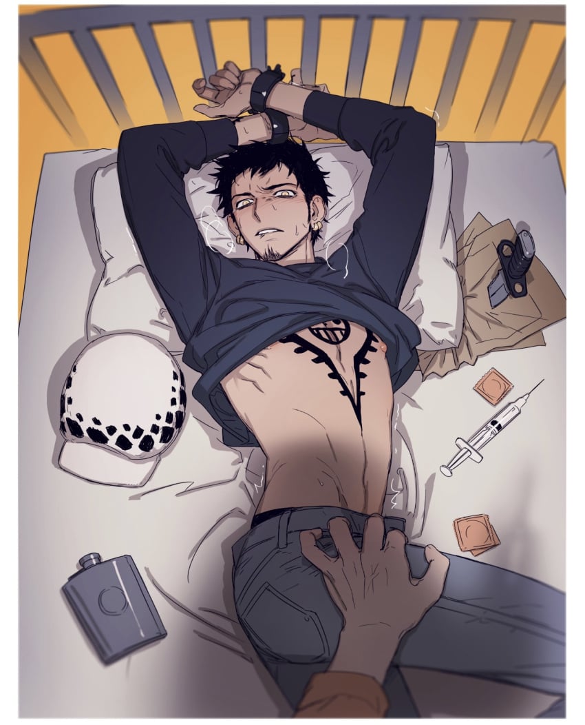 2boys arms_up black_hair blush breath chest_tattoo condom_wrapper donquixote_rosinante earrings facial_hair flask forced forced_yaoi gay goatee hand_on_thigh handcuffs imminent_sex jeans looking_at_viewer male male_only male_pov nihili on_back on_bed one_piece pov shirt_up solo_focus sweat syringe tattoo thigh_grab trafalgar_law wrist_cuffs yaoi yellow_eyes