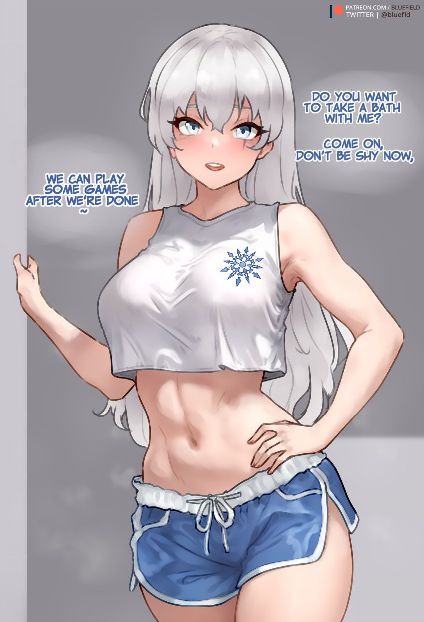 1girls blue_eyes bluefield booty_shorts breasts dialogue dolphin_shorts english_text female hand_on_hip light-skinned_female light_skin long_hair medium_breasts png rwby short_shorts shorts sleeveless smile talking_to_viewer tank_top text weiss_schnee white_hair