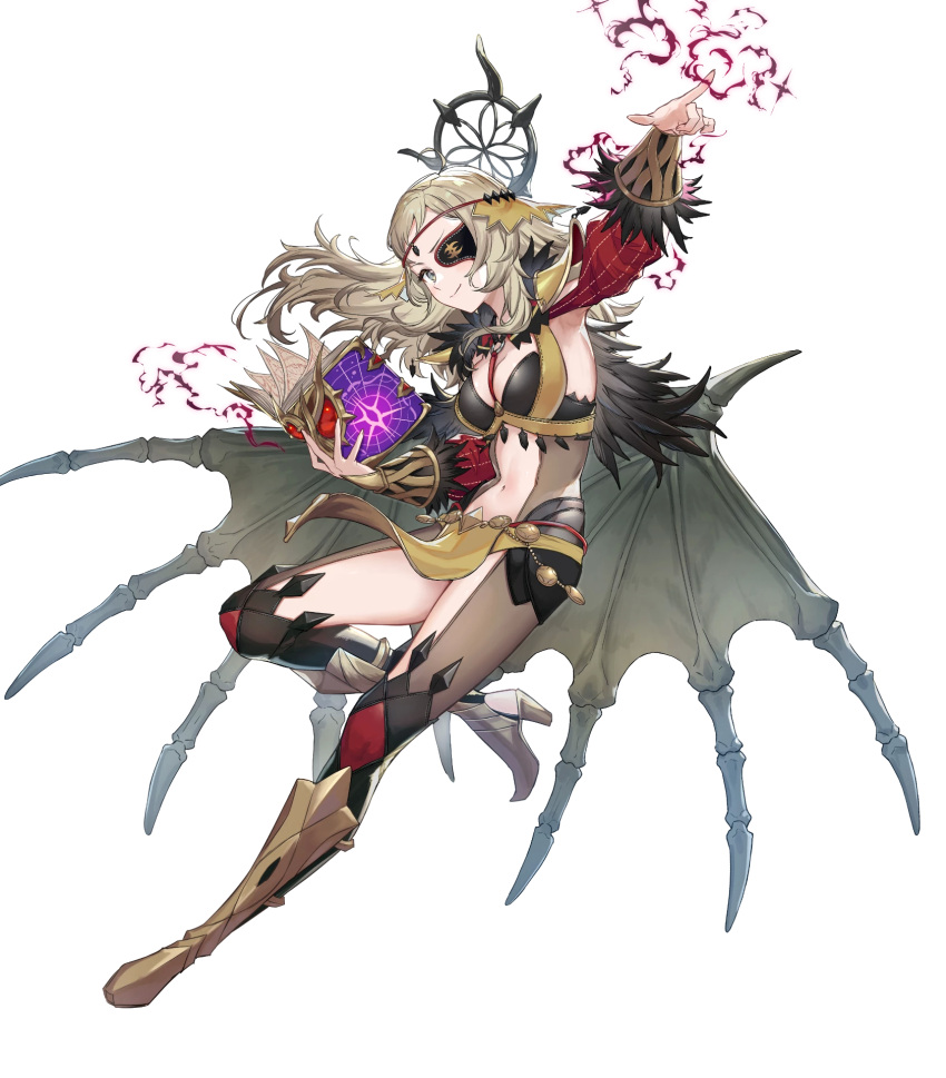 1girls alternate_costume bangs between_breasts blonde_hair book boots breasts circlet closed_mouth demon_wings detached_sleeves eyepatch female female_only fire_emblem fire_emblem_fates fire_emblem_heroes full_body green_eyes hair_ornament hand_up haru_(hiyori-kohal) high_heel_boots high_heels highres holding holding_book jewelry knee_boots leg_up loincloth long_hair long_sleeves looking_away low_wings magic medium_breasts navel nintendo non-web_source o-ring official_alternate_costume official_art open_book ophelia_(fire_emblem) ophelia_(starlit_maiden)_(fire_emblem) pelvic_curtain shiny shiny_clothes shiny_hair smile solo stomach striped transparent_background vertical_stripes wings