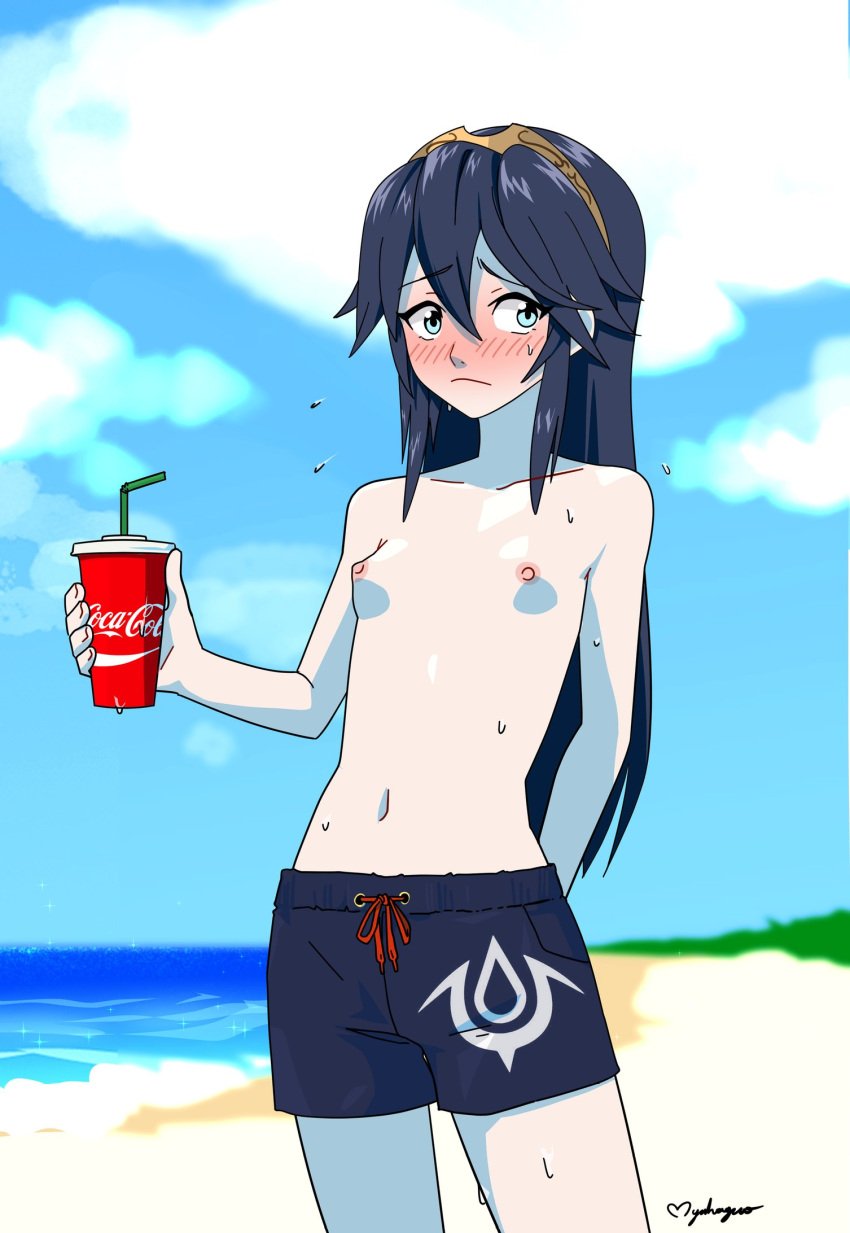 1girls beach blue_eyes blue_hair blush breasts coca-cola embarrassed female female_only fire_emblem fire_emblem_awakening long_hair lucina_(fire_emblem) male_swimwear_challenge myahogao nintendo small_breasts solo swimsuit tiara topless